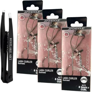 Lash Curler, Scissor Comfort Handle, Deep Eyelash Curlers Technology, 8-Hour Hold,All Eye Shapes, Gunmetal Finish, Includes Refill Pad, Bundle with Eyebrow Tweezers [Pack of 3]