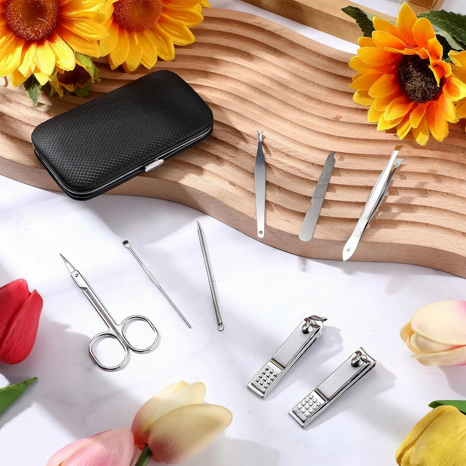 Lasnten 100 Bulk Nail Clipper Set Bulk Manicure Kit Stainless Steel Pedicure Professional Nail Care Kit with Travel Case Portable Grooming for Husband Men Women Family(Black,8 in 1)