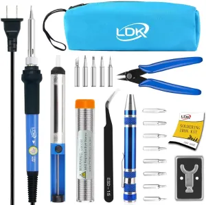 LDK Electric Soldering Iron Kit 60W, Adjustable Temperature with 5pcs Different Tips, Desoldering Pump, Stand, anti-static Tweezers, Solder Tube, Screwdriver, Cutter and Carry Bag for Repaired Usage