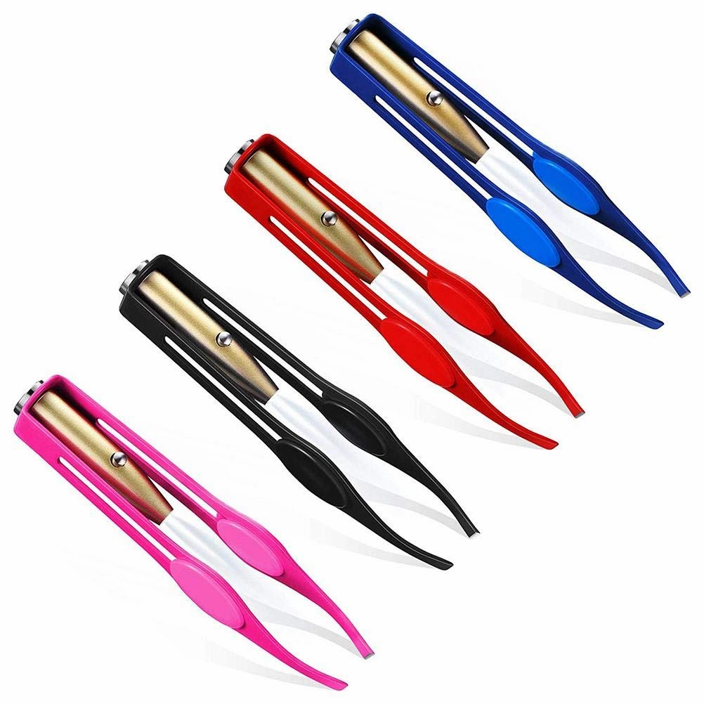 LED Stainless Steel Tweezers Lighted Makeup Eyelashes Eyebrow Hair Removal Illuminated 4 Pcs (Black blue red )
