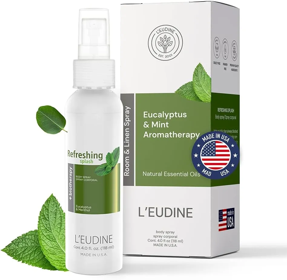 L'EUDINE Refreshing Splash with Eucalyptus Oil, Respiratory Care Body & Room Spray Mint and Aloe Infused, Gentle on The Skin, Multipurpose Small Spaces Air Freshener - 4.0 fl oz
