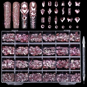 Light Pink Nail Rhinestones, 5380Pcs Flatback Glass Charms Gems Stones, 24 Grids 19 Types of Shaped Nail Art Rhinestones Kit with Picking Pen and Tweezers, 6 Sizes for Decoration Face