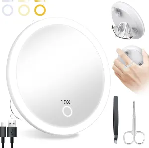 Lighted 10X Magnifying Mirror, 10X Makeup Magnified Mirror with Suction Cups, Ring Handheld Makeup Magnification with 3 Color Lights Rechargeable 5'' Travel Magnification with Tweezers & Scissors