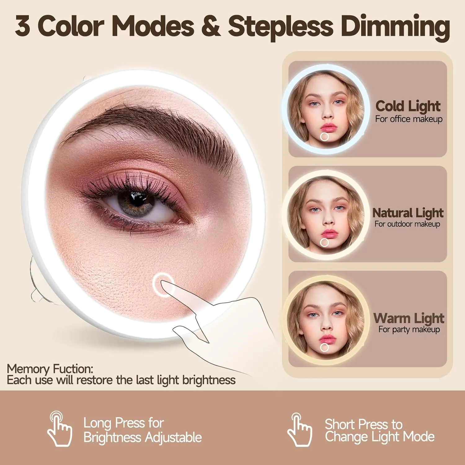 Lighted 10X Magnifying Mirror, 10X Makeup Magnified Mirror with Suction Cups, Ring Handheld Makeup Magnification with 3 Color Lights Rechargeable 5'' Travel Magnification with Tweezers & Scissors