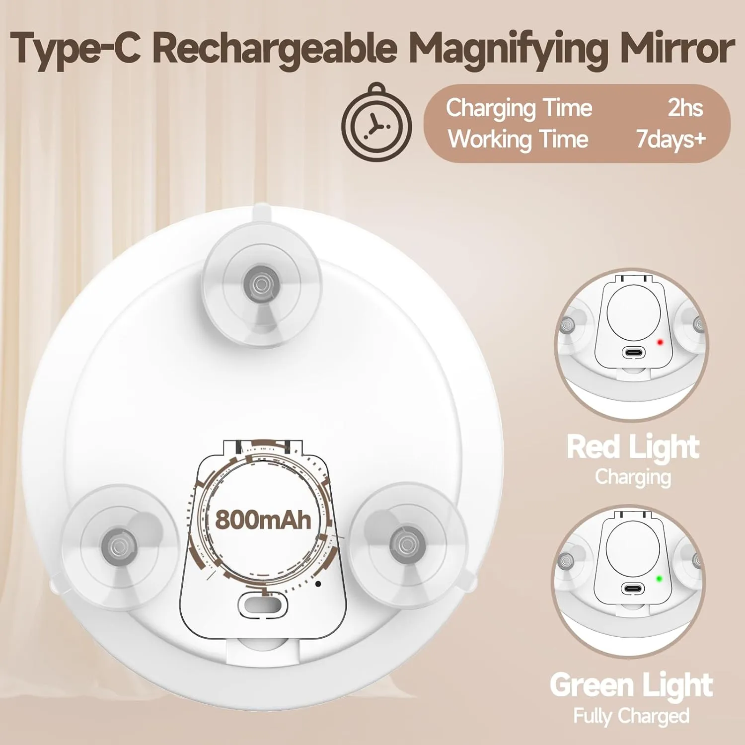 Lighted 10X Magnifying Mirror, 10X Makeup Magnified Mirror with Suction Cups, Ring Handheld Makeup Magnification with 3 Color Lights Rechargeable 5'' Travel Magnification with Tweezers & Scissors