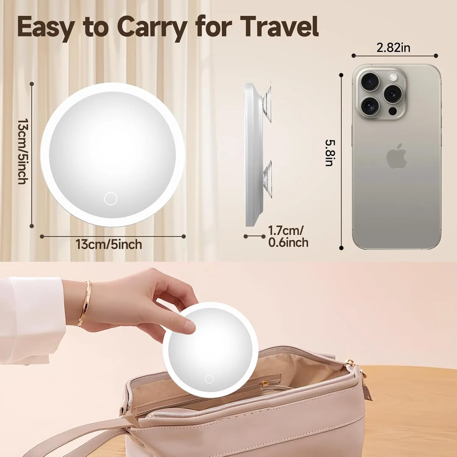 Lighted 10X Magnifying Mirror, 10X Makeup Magnified Mirror with Suction Cups, Ring Handheld Makeup Magnification with 3 Color Lights Rechargeable 5'' Travel Magnification with Tweezers & Scissors