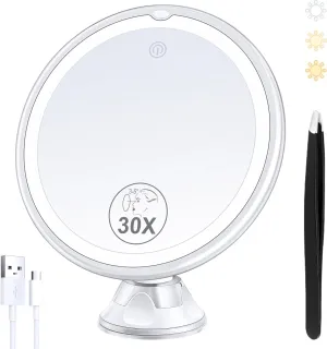 Lighted Makeup Mirror with 30X Magnification, 30X Magnifying Mirror Suction Cup with Light, 3 Color Modes and Adjustable Brightness, 360°Swivel Magnifying Mirror with Light for Vanity Mirror 1500mAh