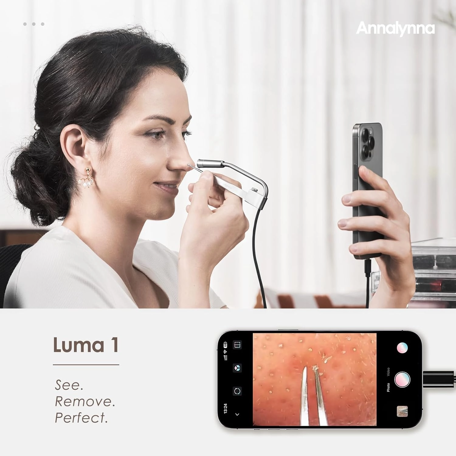 Luma 1 Visual Blackhead Remover Tweezers with Camera - Pimple Popper Tool with Camera 20x Magnification, 1080P, 8 LED Lights, with Blackhead Remover Pimple Popper Tool Kit (6 Piece Kit)