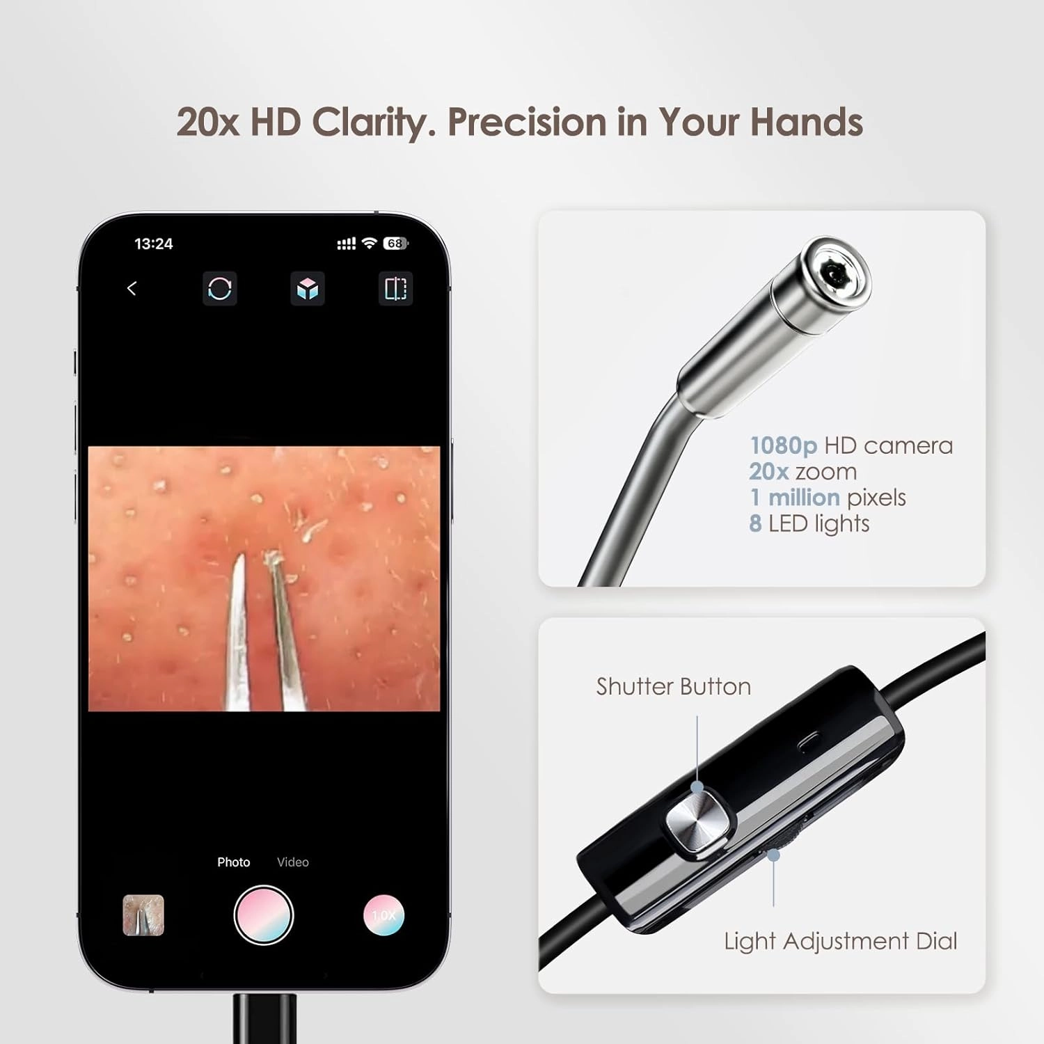 Luma 1 Visual Blackhead Remover Tweezers with Camera - Pimple Popper Tool with Camera 20x Magnification, 1080P, 8 LED Lights, with Blackhead Remover Pimple Popper Tool Kit (6 Piece Kit)
