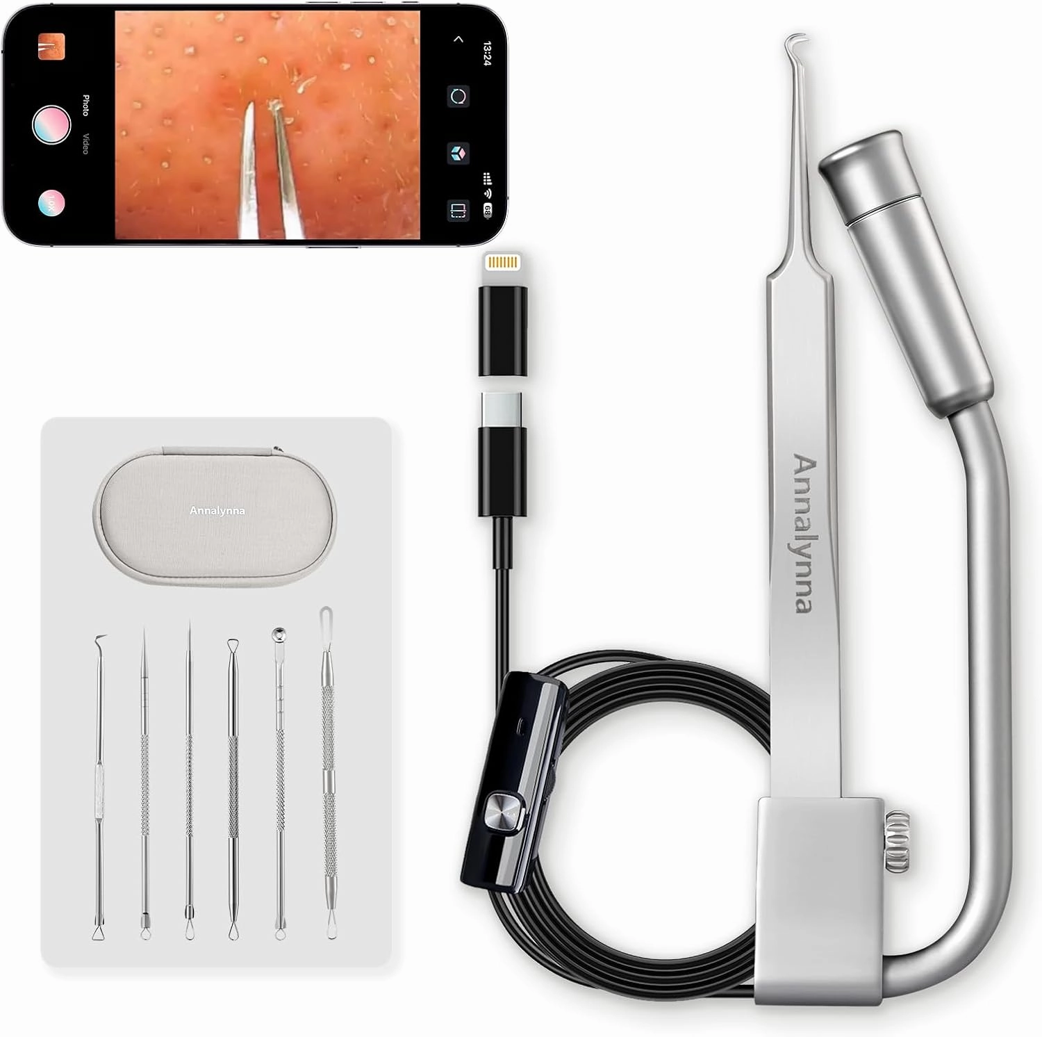 Luma 1 Visual Blackhead Remover Tweezers with Camera - Pimple Popper Tool with Camera 20x Magnification, 1080P, 8 LED Lights, with Blackhead Remover Pimple Popper Tool Kit (6 Piece Kit)