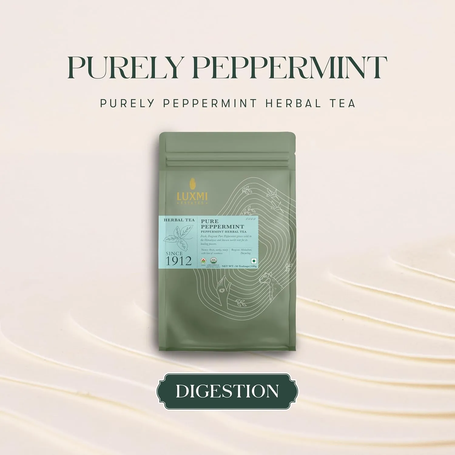 Luxmi Estates Purely Peppermint 50 Tea Bags (100g) Pack | USDA Certified Organic Herbal Tea | Mint Tea Best for Night Time | 50 Cups Bulk Pack