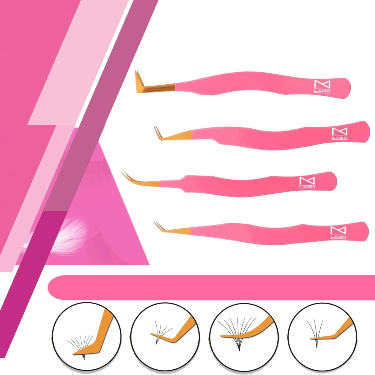 M LASH Eyelash Tweezers for Eyelash Extensions (Set of 4) - Professional Lash Extension Tweezers - Fiber Tip Lash Tweezers, Japanese Steel, Diamond Grip For Flawless Application (Pink)