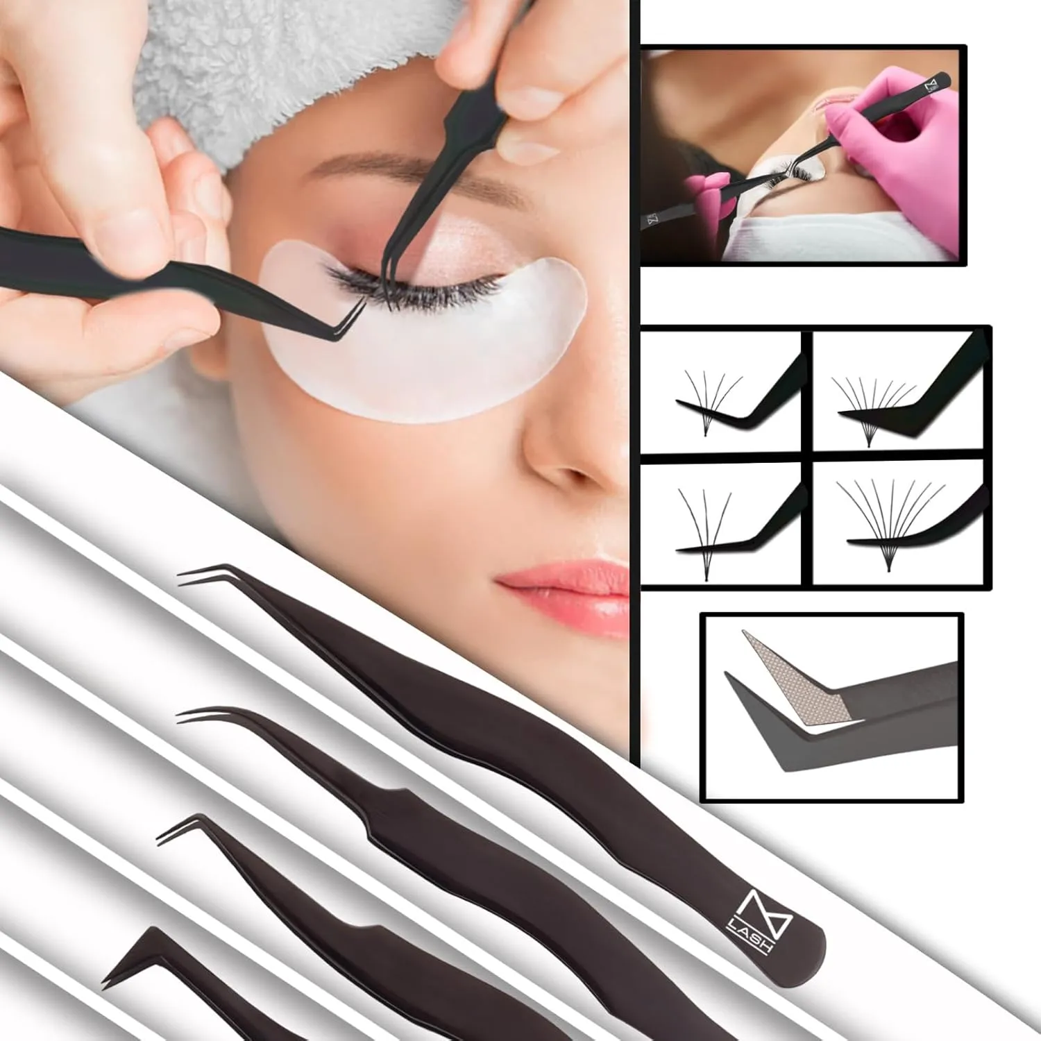M LASH Eyelash Tweezers for Eyelash Extensions (Set of 4) - Professional Lash Extension Tweezers - Fiber Tip Lash Tweezers, Japanese Steel, Diamond Grip For Flawless Application (Pink)