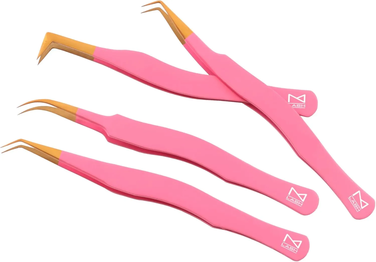 M LASH Eyelash Tweezers for Eyelash Extensions (Set of 4) - Professional Lash Extension Tweezers - Fiber Tip Lash Tweezers, Japanese Steel, Diamond Grip For Flawless Application (Pink)