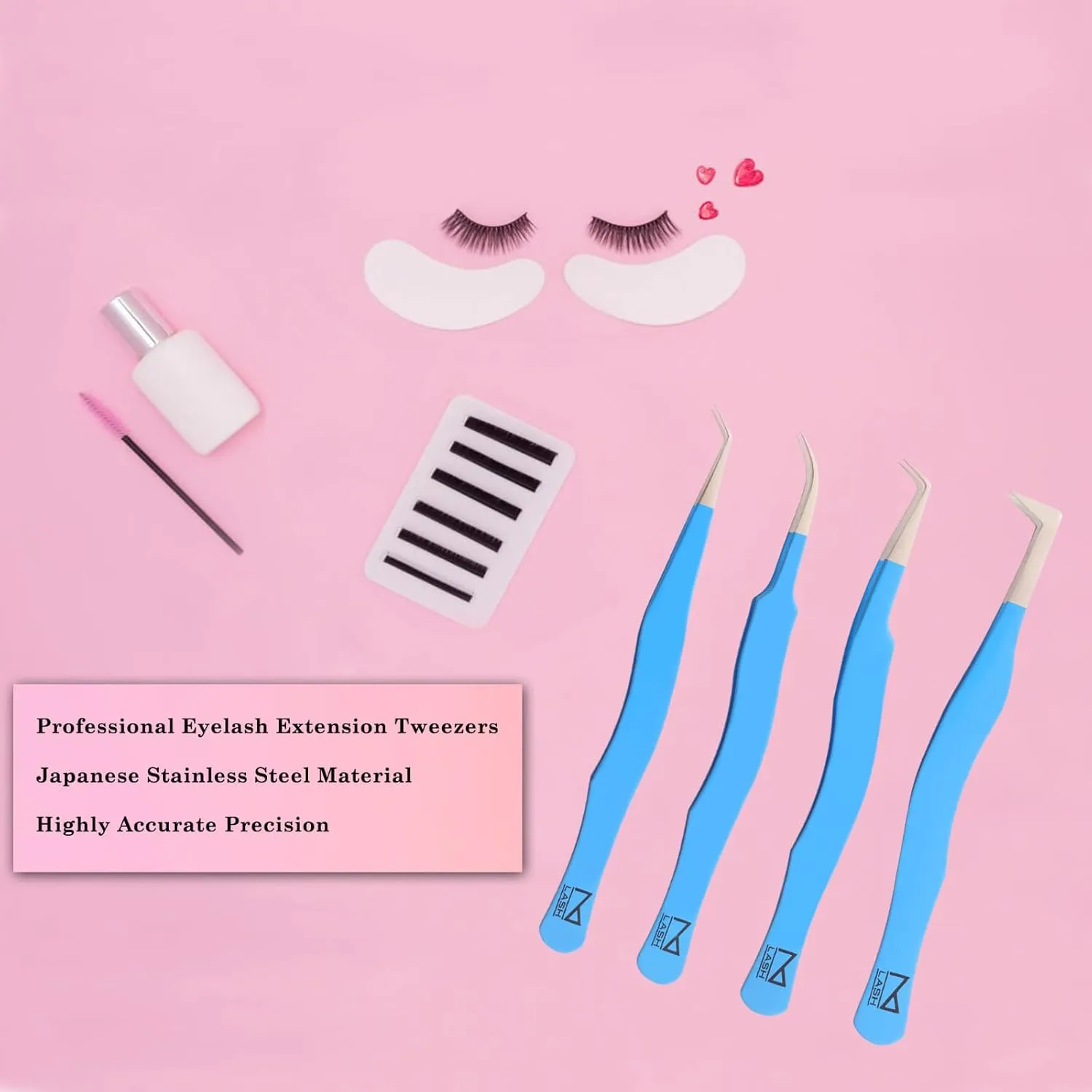 M LASH Eyelash Tweezers for Eyelash Extensions (Set of 4) - Professional Lash Extension Tweezers - Fiber Tip Lash Tweezers, Japanese Steel, Diamond Grip For Flawless Application (Pink)