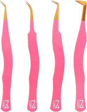 M LASH Eyelash Tweezers for Eyelash Extensions (Set of 4) - Professional Lash Extension Tweezers - Fiber Tip Lash Tweezers, Japanese Steel, Diamond Grip For Flawless Application (Pink)