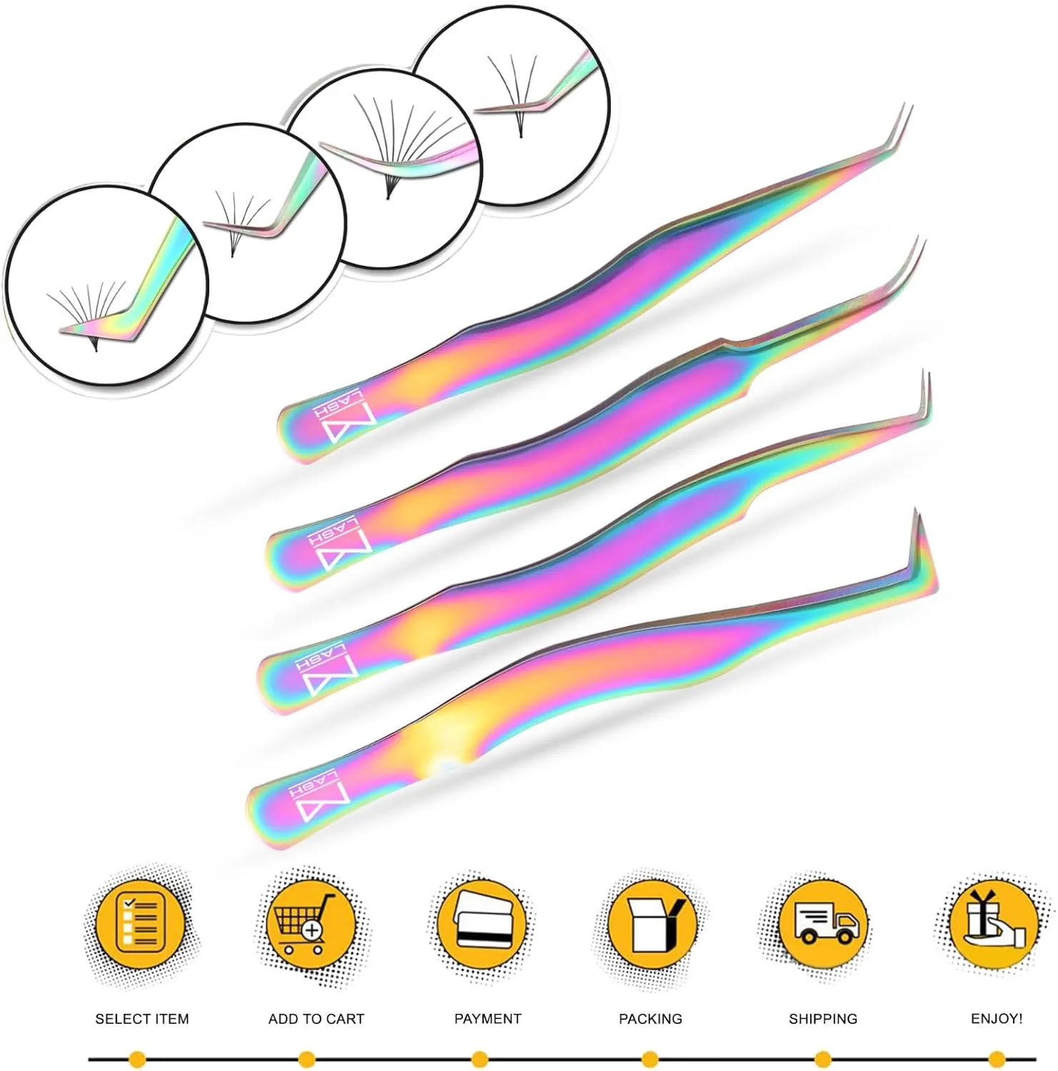 M LASH Eyelash Tweezers for Eyelash Extensions (Set of 4) - Professional Lash Extension Tweezers - Fiber Tip Lash Tweezers, Japanese Steel, Diamond Grip For Flawless Application (Pink)