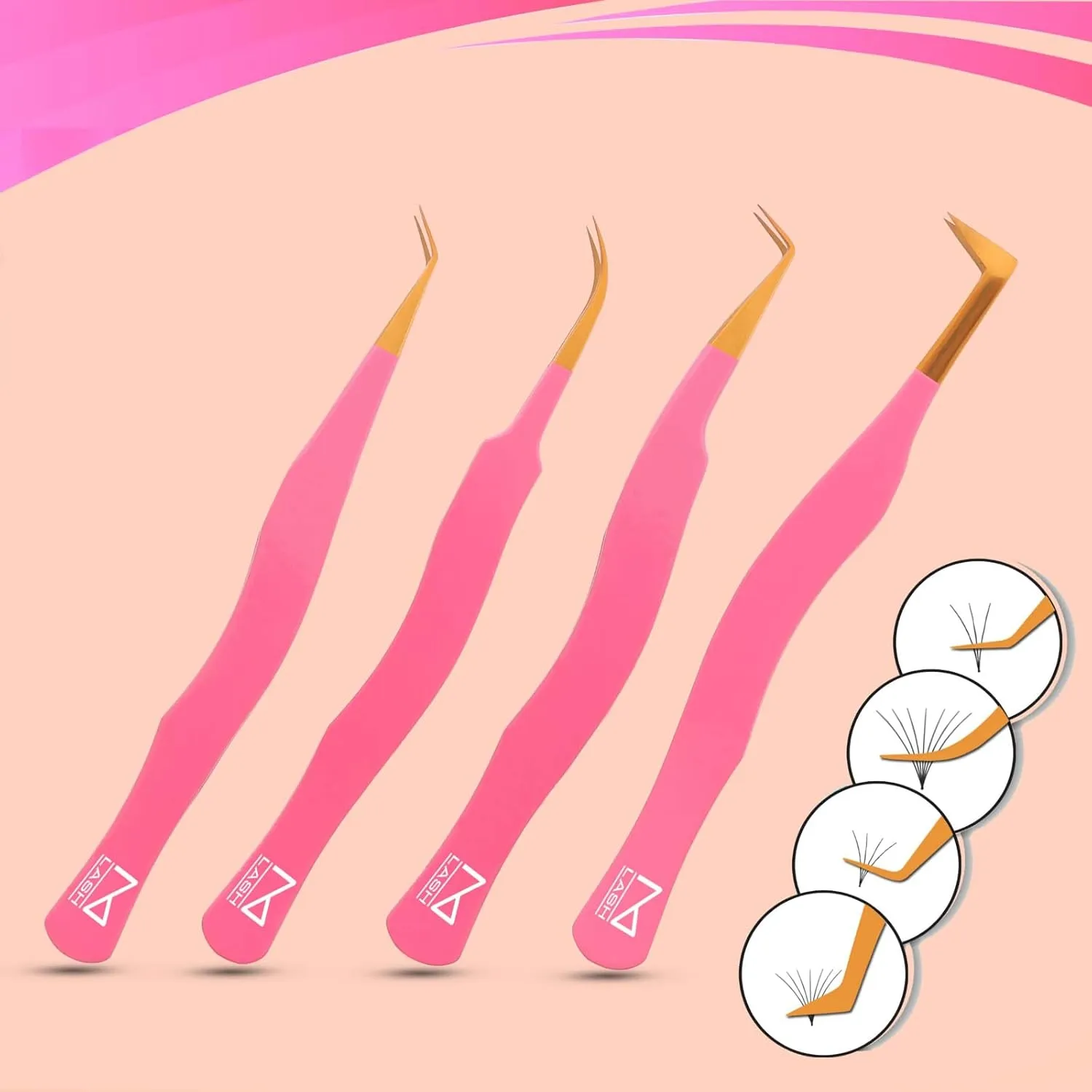 M LASH Eyelash Tweezers for Eyelash Extensions (Set of 4) - Professional Lash Extension Tweezers - Fiber Tip Lash Tweezers, Japanese Steel, Diamond Grip For Flawless Application (Pink)