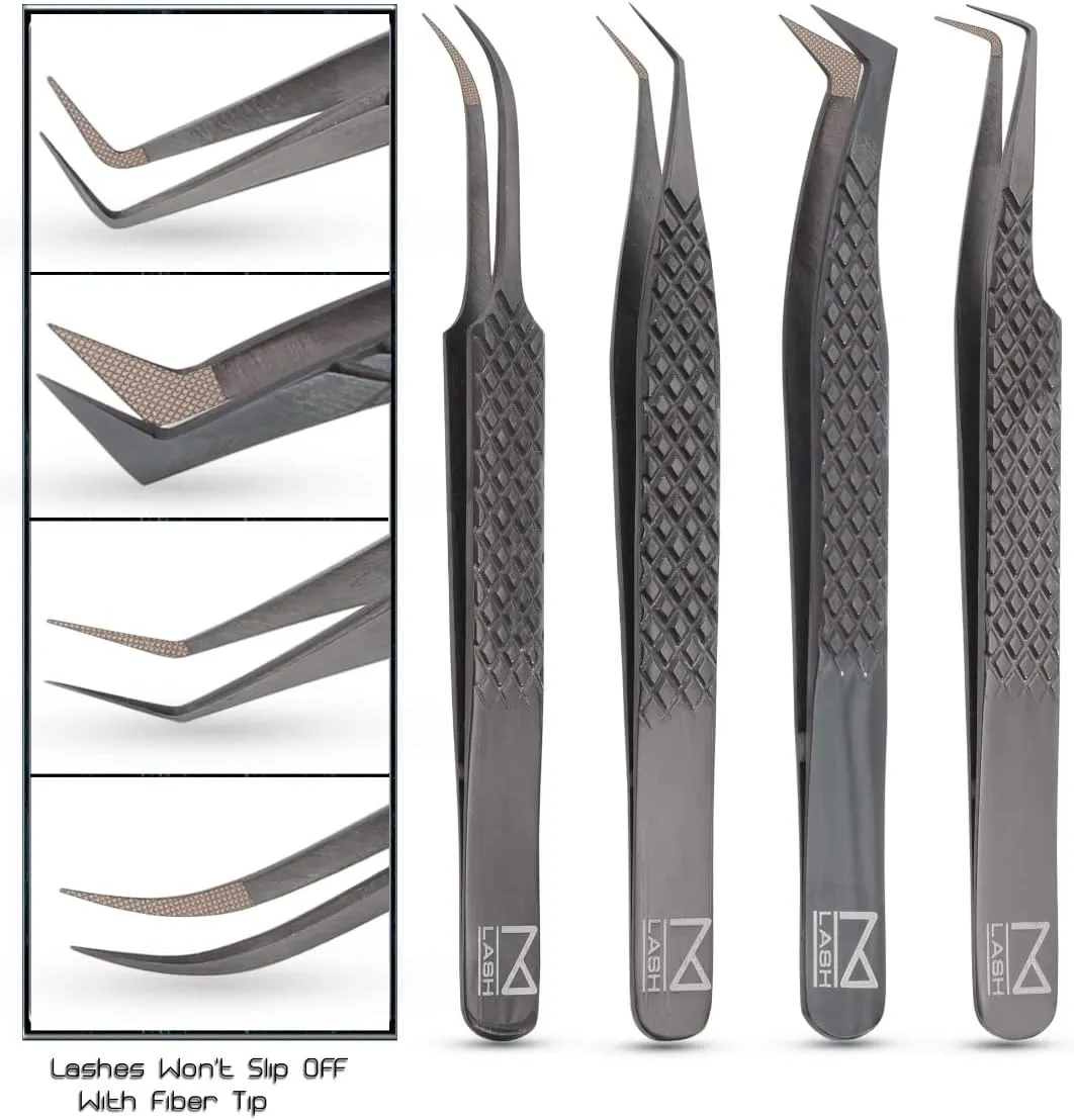 M LASH Tweezers for Eyelash Extensions (Set of 4) - Professional Lash Extension Tweezers - Japanese Steel, Diamond Grip