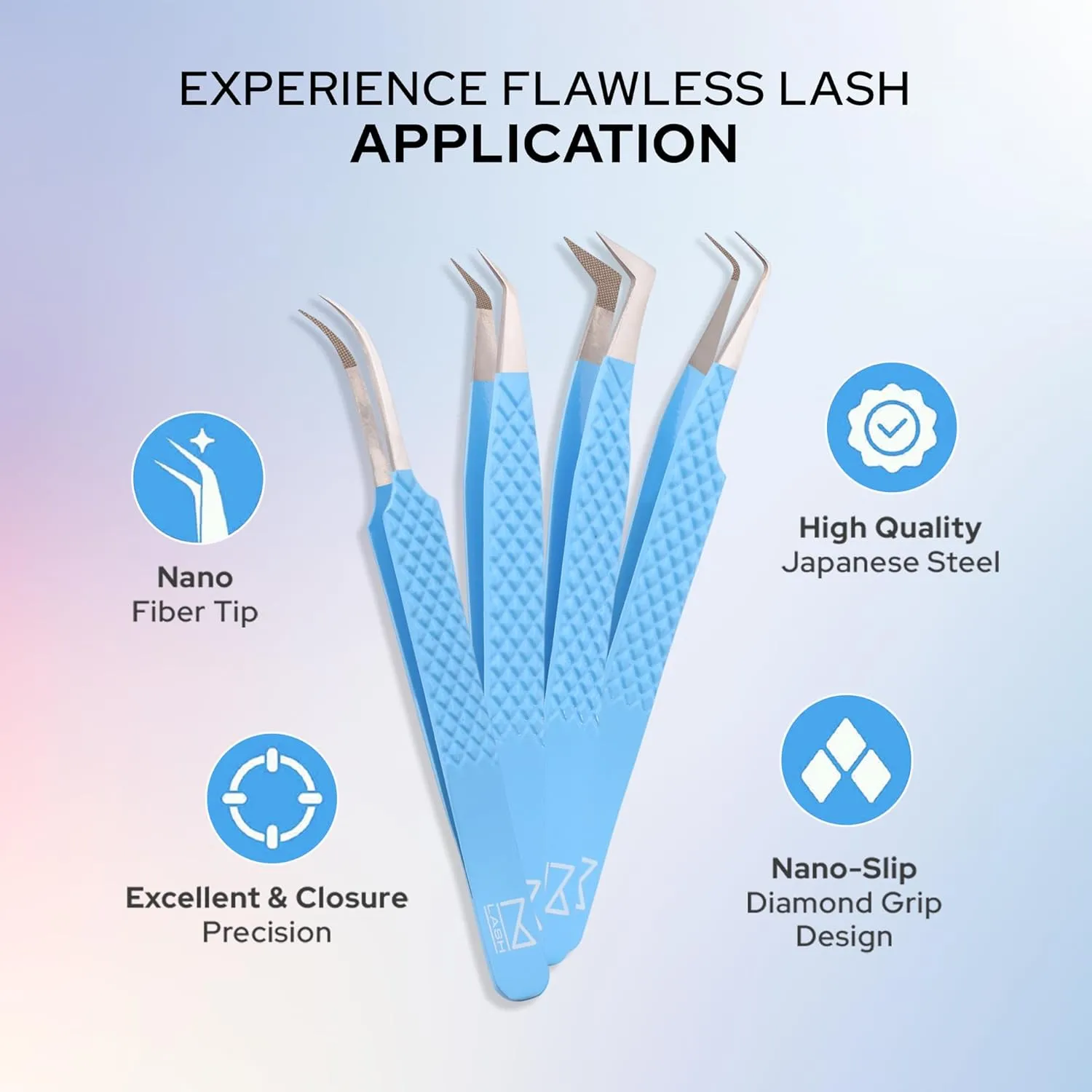 M LASH Tweezers for Eyelash Extensions (Set of 4) - Professional Lash Extension Tweezers - Japanese Steel, Diamond Grip