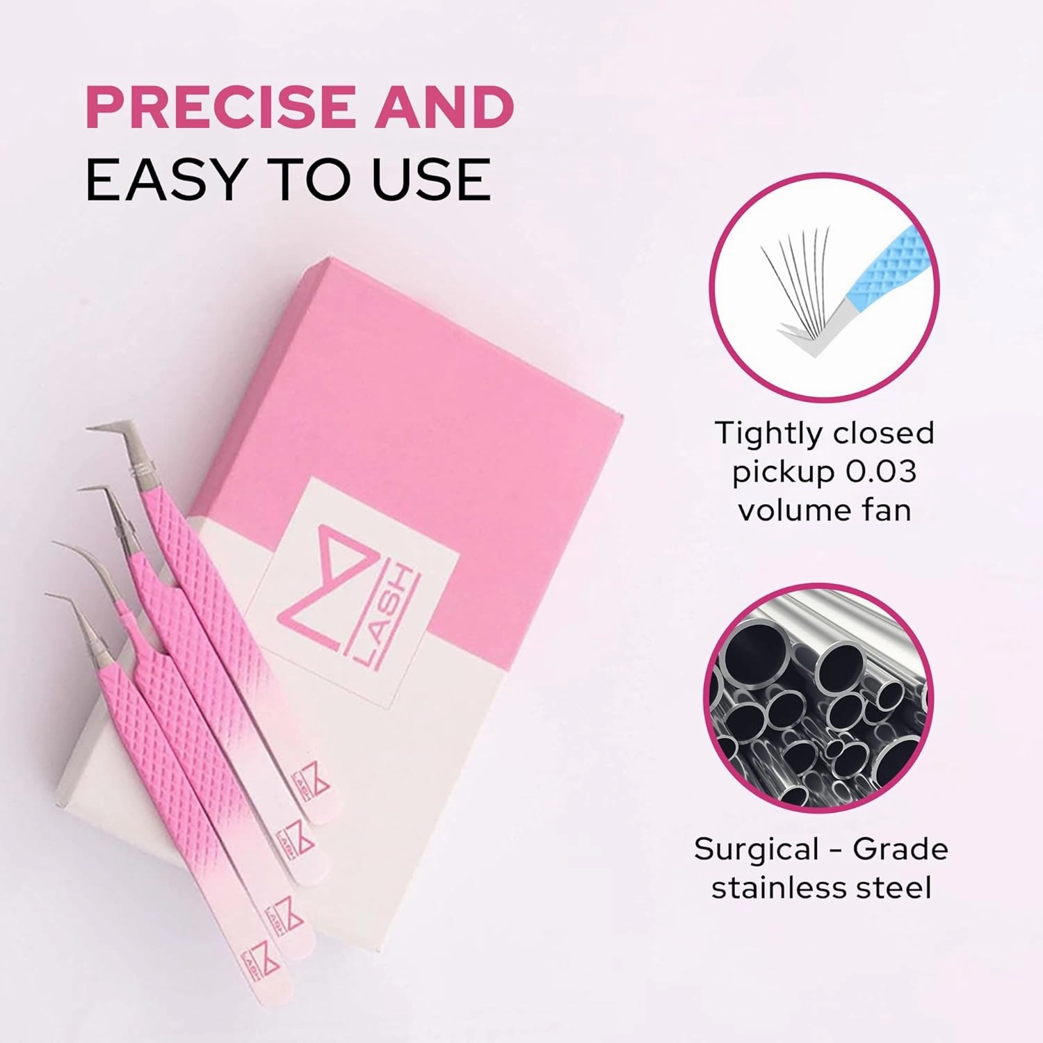 M LASH Tweezers for Eyelash Extensions (Set of 4) - Professional Lash Extension Tweezers - Fiber Tip, Japanese Steel, Diamond Grip (Silver)