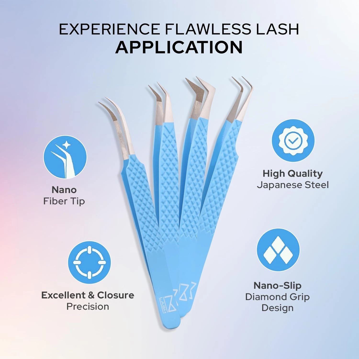 M LASH Tweezers for Eyelash Extensions (Set of 4) - Professional Lash Extension Tweezers - Fiber Tip, Japanese Steel, Diamond Grip (Silver)