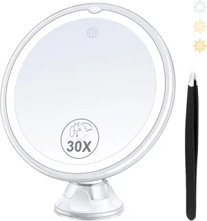 Magnifying Mirror with Light 30X, Lighted Makeup Mirror 30X for Precision Makeup, 3 Color Modes and Adjustable Brightness, 360° Swivel Magnifying Mirror Suction Cup for Bathroom Mirrors 8 Inches