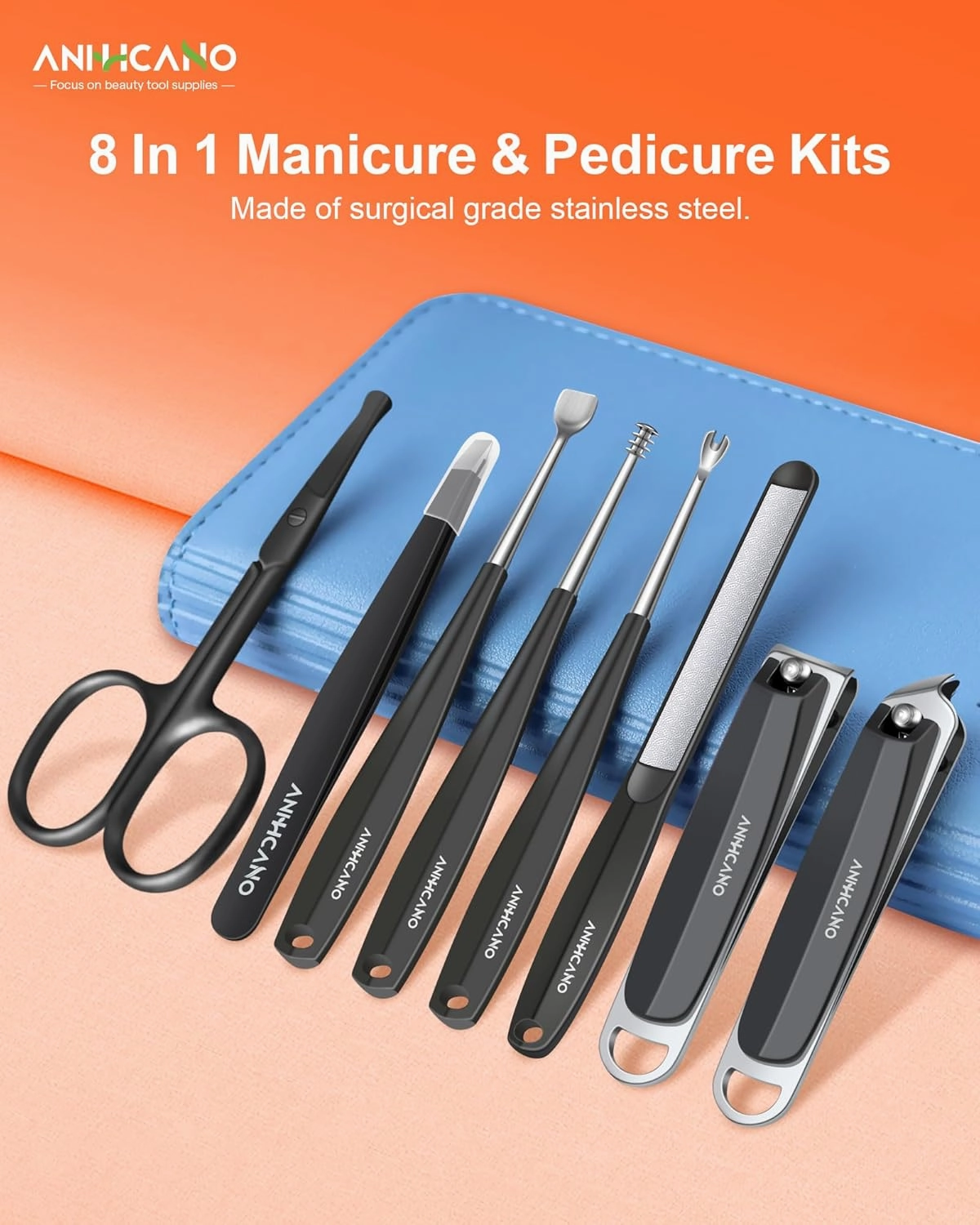 Manicure & Pedicure Kit for Men & Women, ANIHICANO 8-in-1 Premium Stainless Steel Personal Care Tools Set with PU Leather Case, Travel-Friendly for Home & Professional Use (Black)
