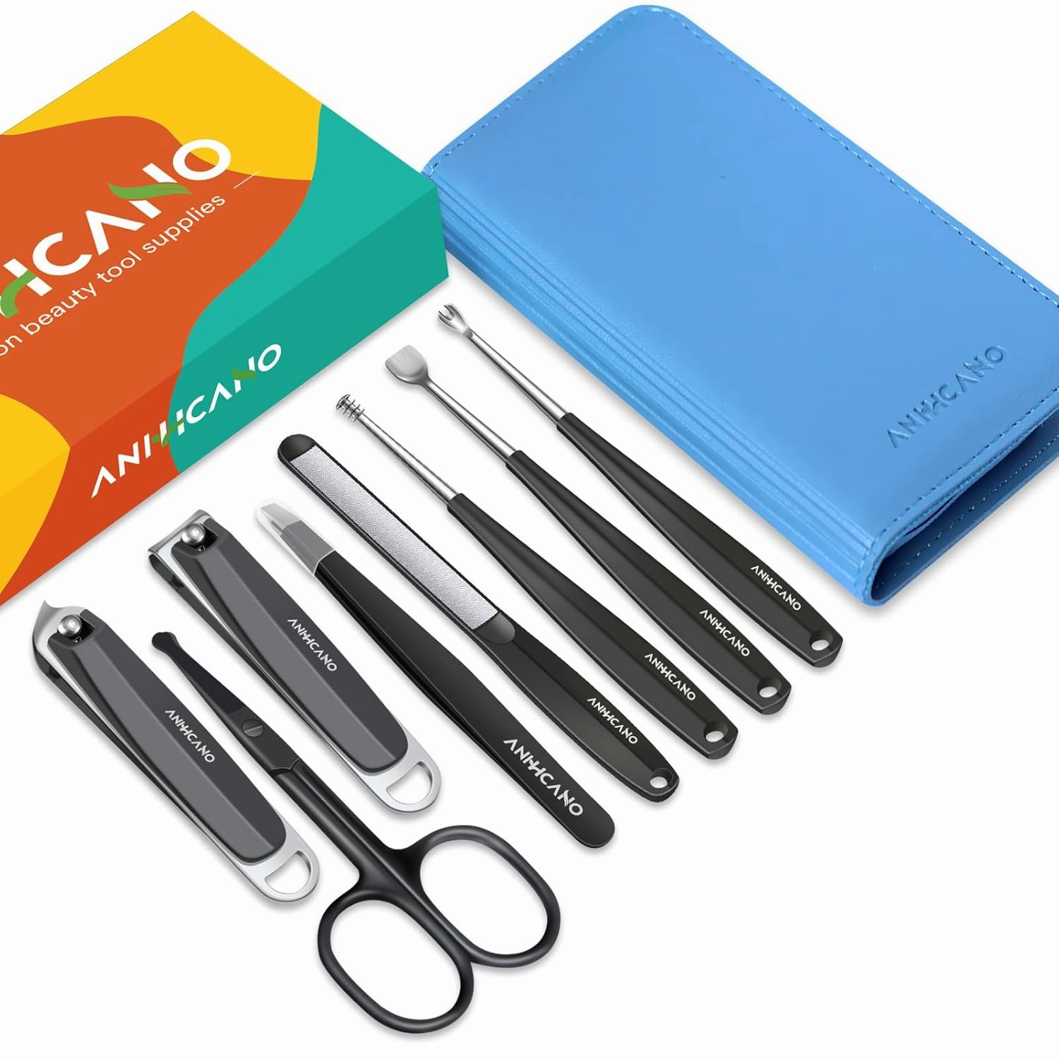Manicure & Pedicure Kit for Men & Women, ANIHICANO 8-in-1 Premium Stainless Steel Personal Care Tools Set with PU Leather Case, Travel-Friendly for Home & Professional Use (Black)