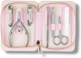 Manicure Pedicure Set 7-in-1 Stainless Steel, Ultra Sharp, Slanted Nail Clipper, Fingernail Clipper, Cuticle Nipper, Glass Nail File, Eyebrow Tweezers, Scissors, Case – Gift (Pink)