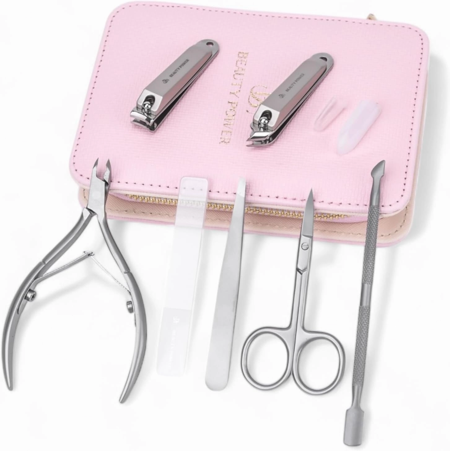 Manicure Pedicure Set 7-in-1 Stainless Steel, Ultra Sharp, Slanted Nail Clipper, Fingernail Clipper, Cuticle Nipper, Glass Nail File, Eyebrow Tweezers, Scissors, Case – Gift (Pink)