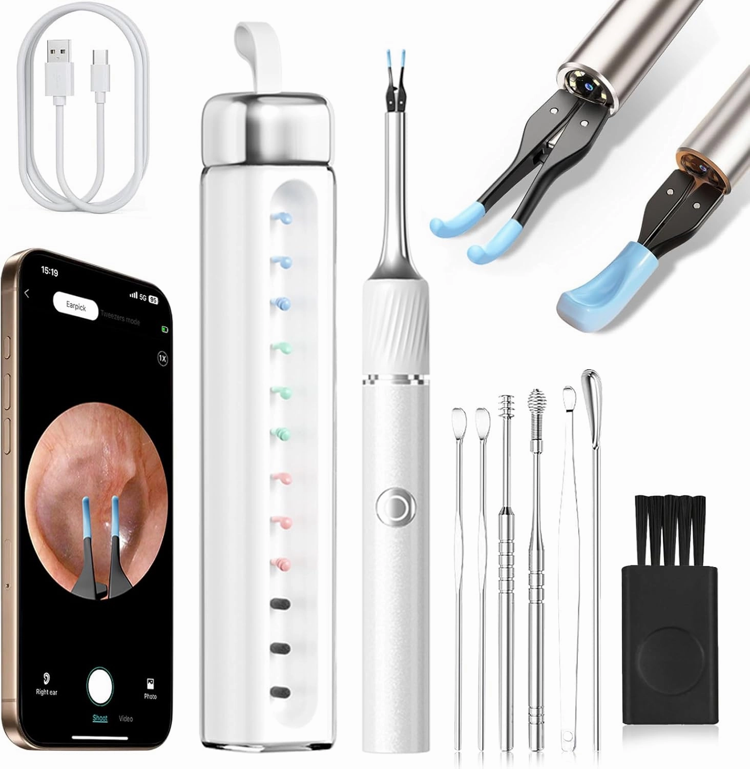 MEKK Ear Wax Removal Tool S8 with 12 MP Camera, Stainless Steel Tweezers, 8 Ear Spoons, Wireless Otoscope Ear Cleaner for iOS & Android