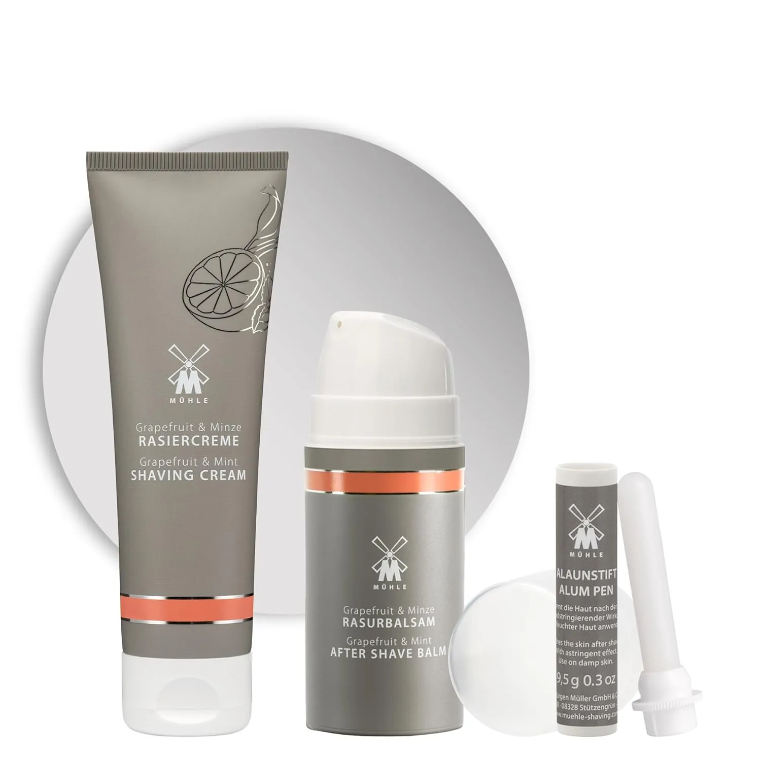 MÜHLE Grapefruit & Mint Shaving Essentials Bundle – Includes Shaving Cream (75ml), Aftershave Balm (100ml), All Natural Alum Stone Styptic Pencil | Complete Luxury Shave Kit for Men