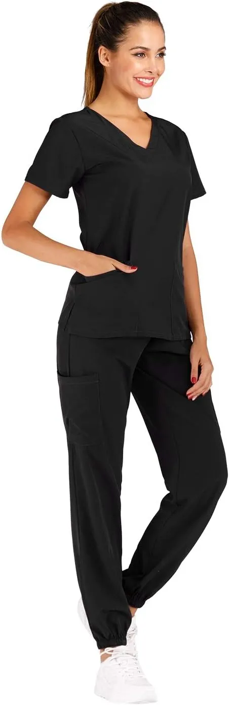 Minty Mint Women's Scrub Set Fit Lightweight Durable V Neck Top Slim Skinny Cargo Scrub Jogger Pant