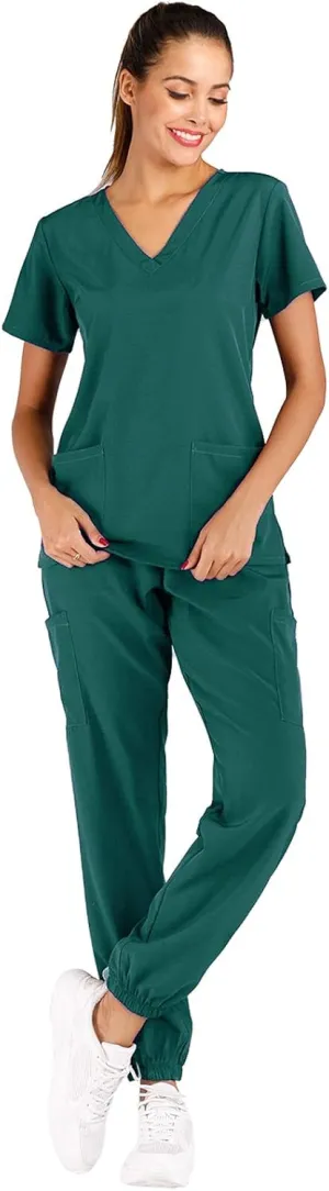 Minty Mint Women's Scrub Set Fit Lightweight Durable V Neck Top Slim Skinny Cargo Scrub Jogger Pant
