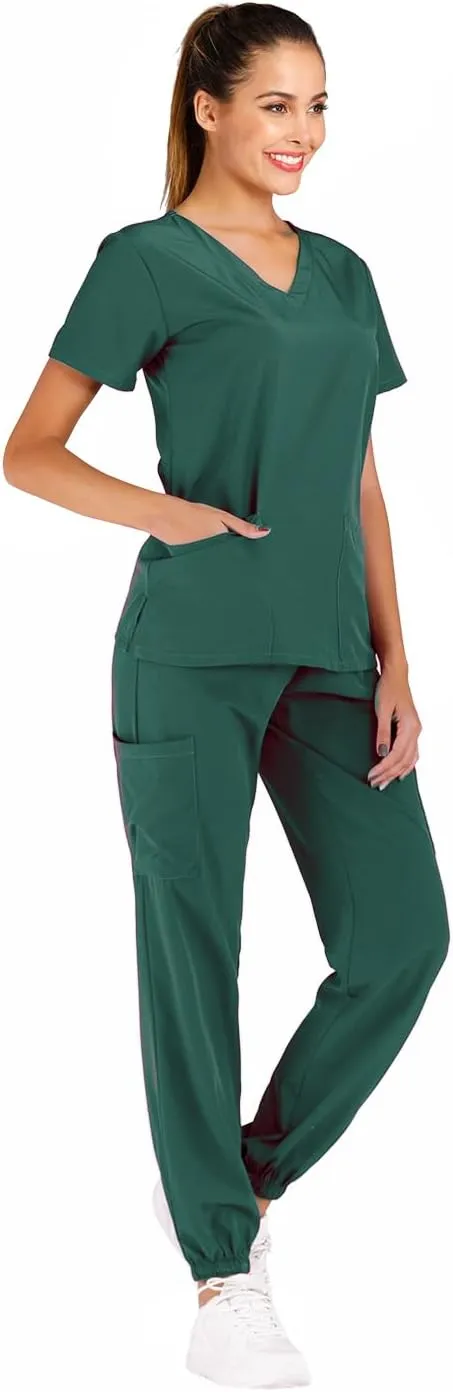 Minty Mint Women's Scrub Set Fit Lightweight Durable V Neck Top Slim Skinny Cargo Scrub Jogger Pant