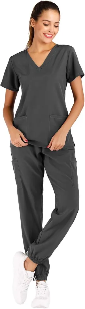 Minty Mint Women's Scrub Set Fit Lightweight Durable V Neck Top Slim Skinny Cargo Scrub Jogger Pant