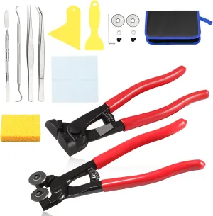 Mosaic Tools Set, 2 Glass Tile Nippers with 2 Scrapers, 2 Tweezers, Double-Ended Hook, Spatula, Sponge, Replacement Cutting Wheels, Cloth, Storage Bag