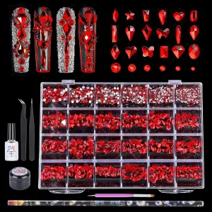 Nail Rhinestones Kit, 24 Types Special Shaped Diamonds for Nails, Flat-Bottomed 3D Crystal Stones with Gems Glue and Remover, Tweezers, Drill Pen, Nail Brush and Crayon Drill Pen (Red Rhinestones)