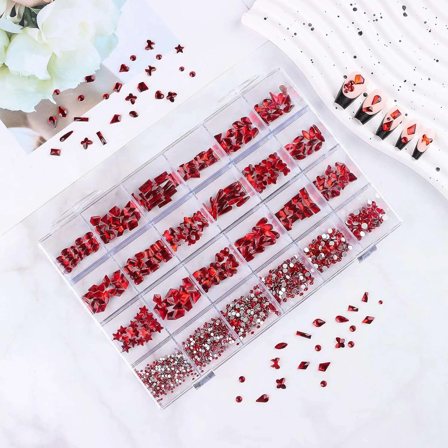 Nail Rhinestones Kit, 24 Types Special Shaped Diamonds for Nails, Flat-Bottomed 3D Crystal Stones with Gems Glue and Remover, Tweezers, Drill Pen, Nail Brush and Crayon Drill Pen (Red Rhinestones)
