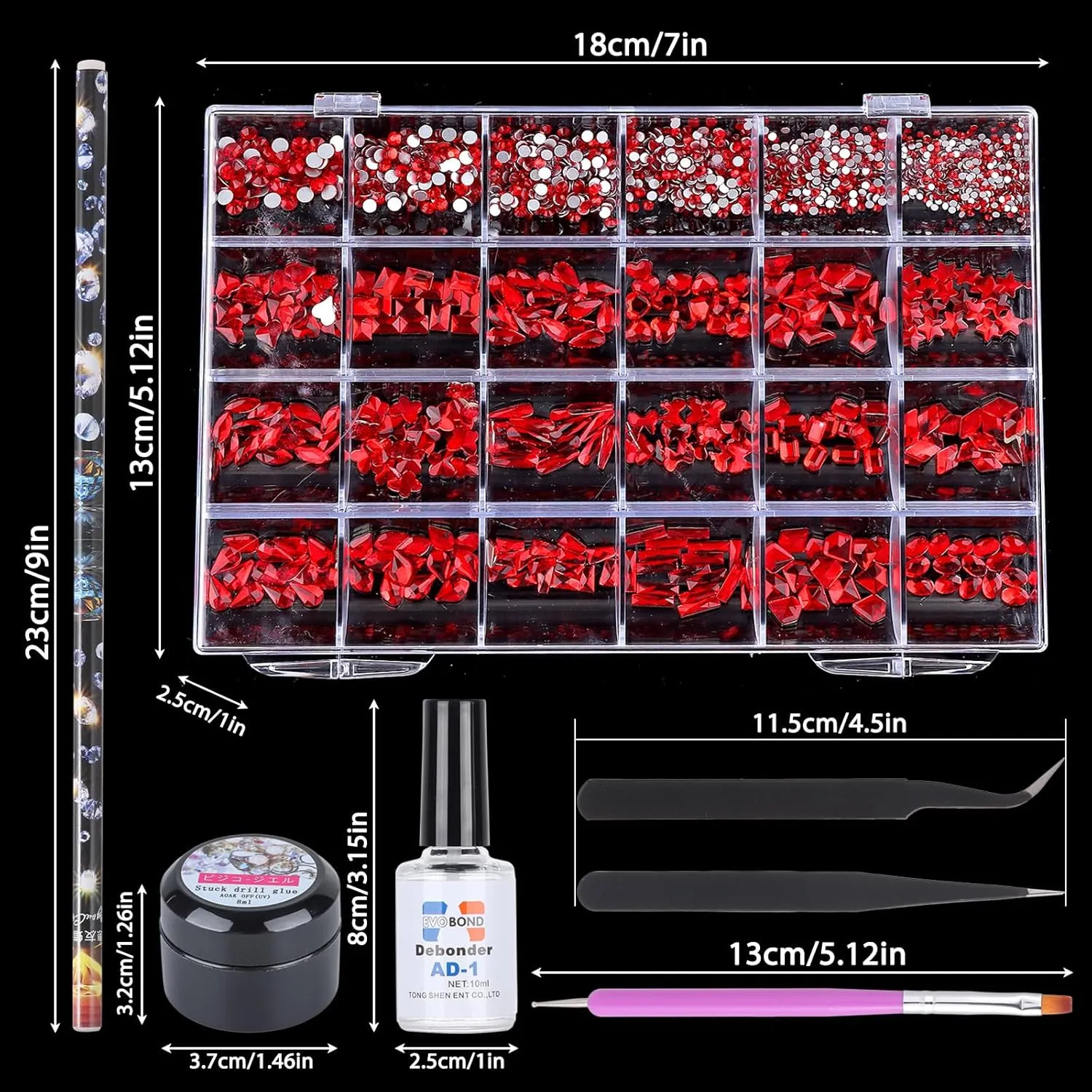 Nail Rhinestones Kit, 24 Types Special Shaped Diamonds for Nails, Flat-Bottomed 3D Crystal Stones with Gems Glue and Remover, Tweezers, Drill Pen, Nail Brush and Crayon Drill Pen (Red Rhinestones)