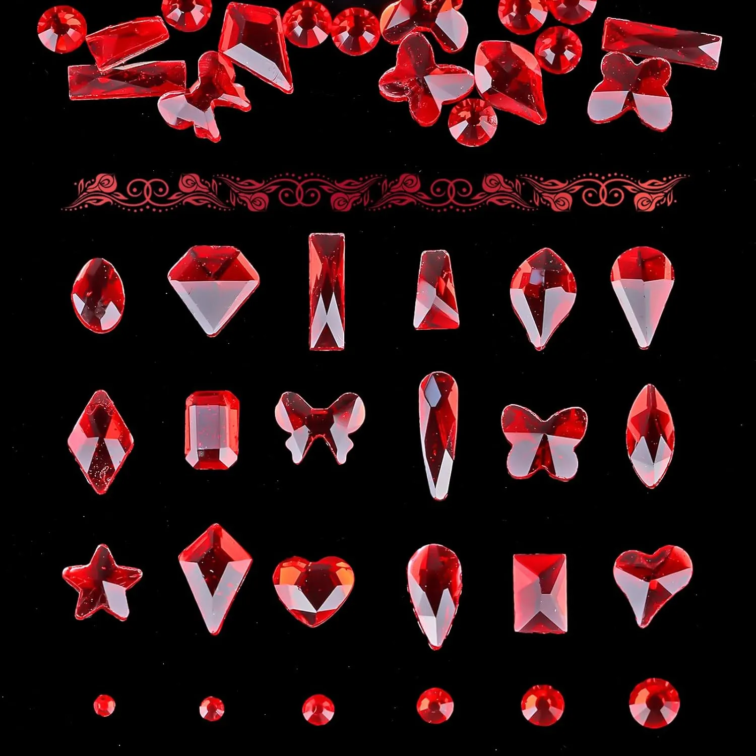 Nail Rhinestones Kit, 24 Types Special Shaped Diamonds for Nails, Flat-Bottomed 3D Crystal Stones with Gems Glue and Remover, Tweezers, Drill Pen, Nail Brush and Crayon Drill Pen (Red Rhinestones)