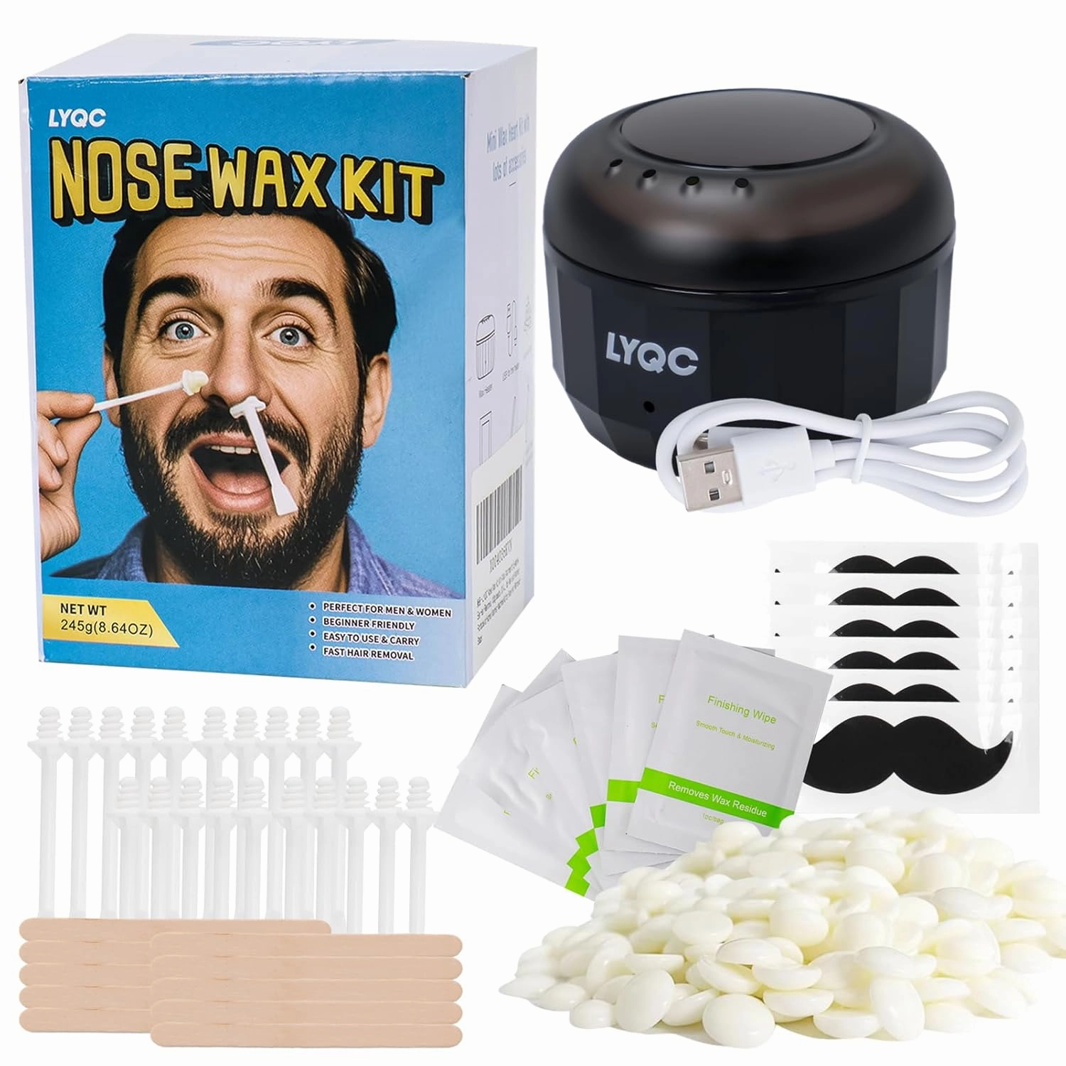 Nose Wax Kit for Men & Women, Waxing Kit for Nose, Eyebrows, Ears, with 100g Beads, 6 Mustache Protector & 30 Applicators, Easy to Use at Home- Black