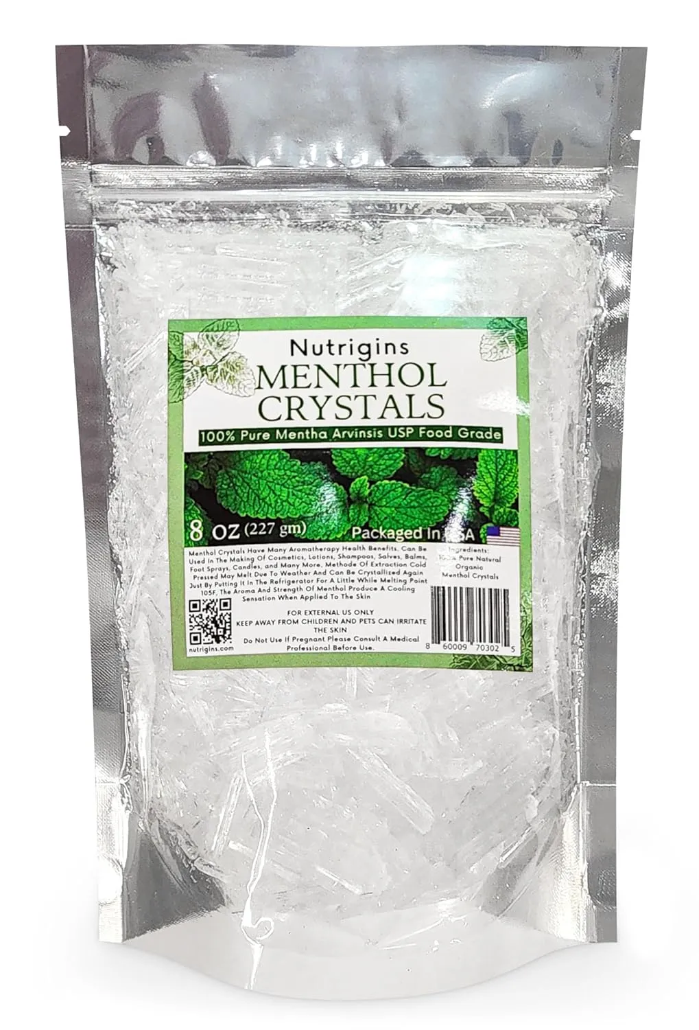Nutrigins Menthol Crystal 8 Oz - Pure Organic 100% Natural - Menthol Crystals from Mint Mentha Arvensis - Comes in Resealable Standup Bag for Long-Lasting Freshness