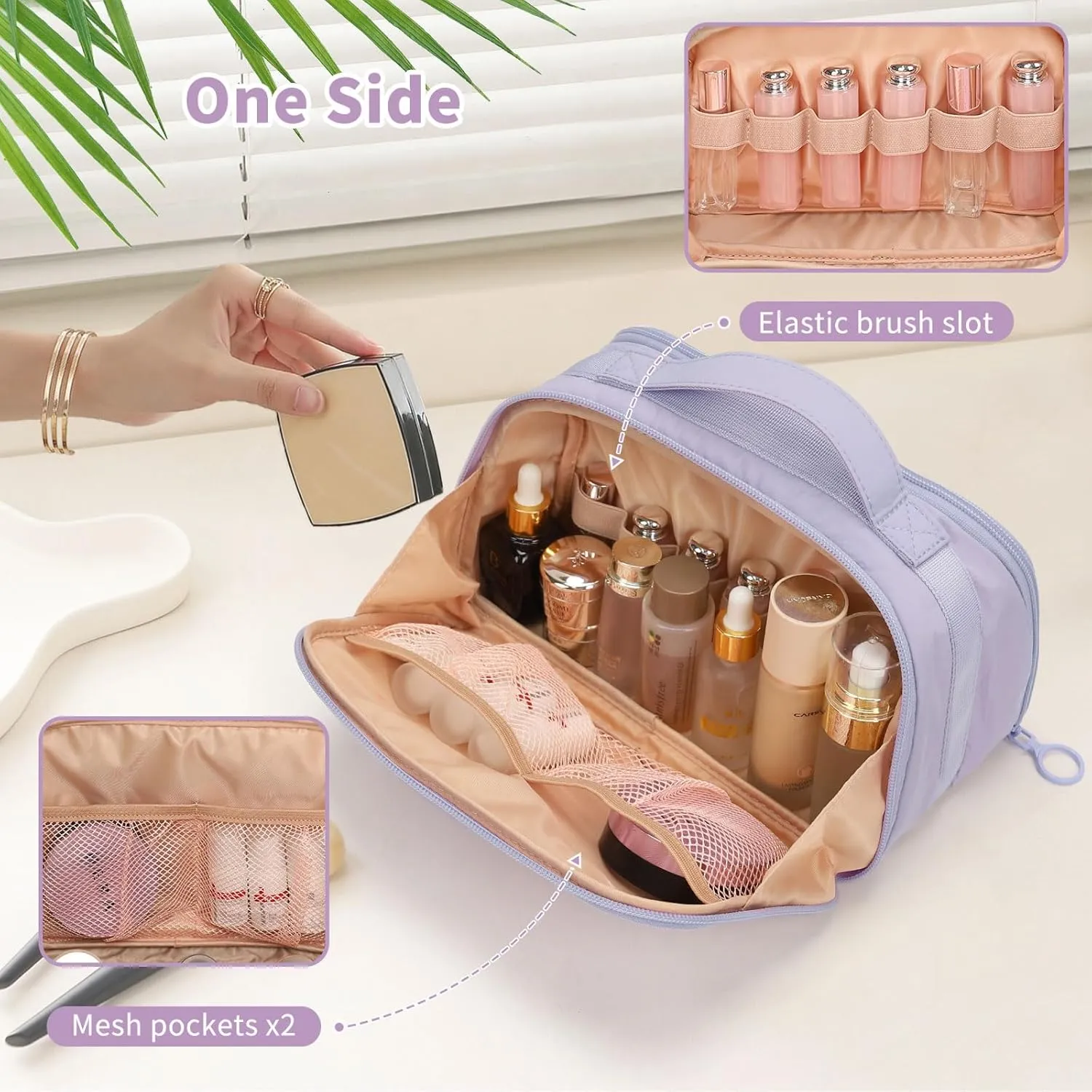 OCHEAL Travel Makeup Bag - Wide Open Cosmetic Bag for Women Make up with Two Compartments, Portable Lightweight Roomy Organizer Toiletry Bag for Girls Skincare tools Accessories-Purple
