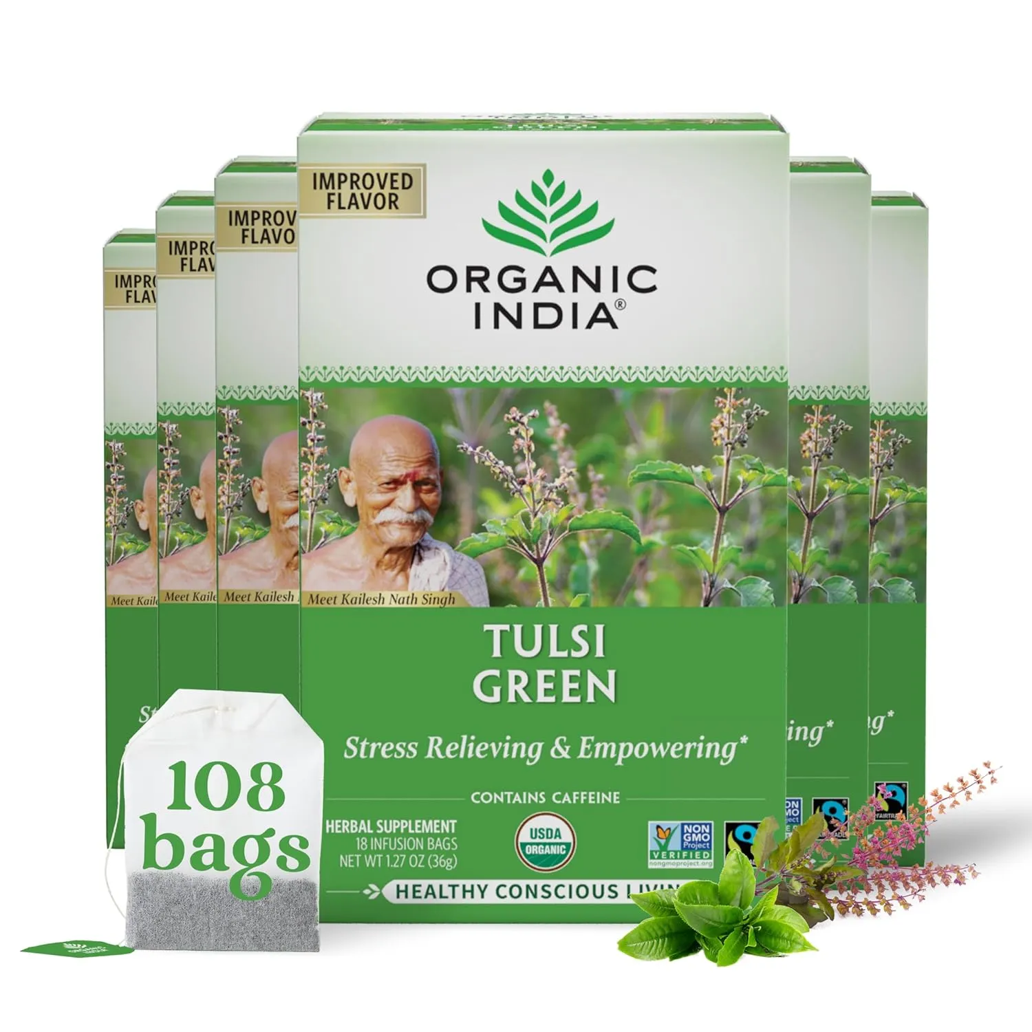 Organic India Tulsi Green Herbal Tea - Stress Relieving & Balancing, Immune Support, Adaptogen, Vegan, USDA Certified Organic, Caffeine-Free - 18 Infusion Bags, 6 Pack