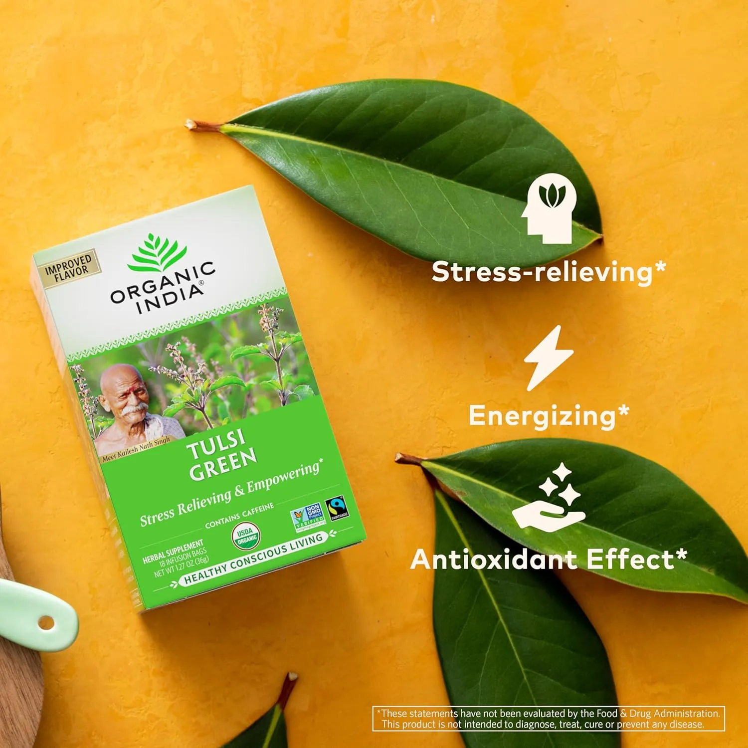 Organic India Tulsi Green Herbal Tea - Stress Relieving & Balancing, Immune Support, Adaptogen, Vegan, USDA Certified Organic, Caffeine-Free - 18 Infusion Bags, 6 Pack