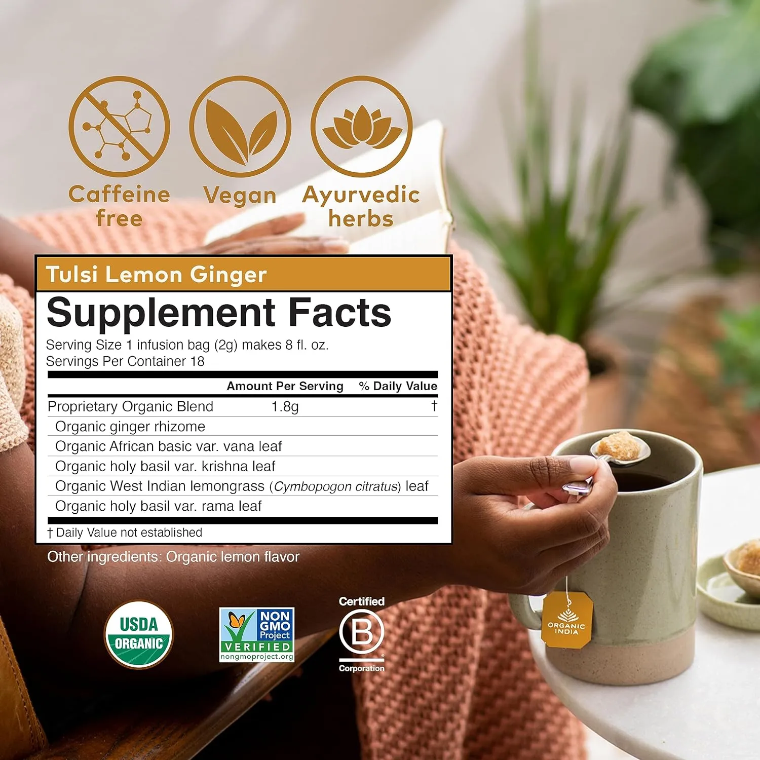 Organic India Tulsi Lemon Ginger Herbal Tea - Stress Relieving & Reviving, Immune Support, Aids Digestion, Vegan, USDA Certified Organic, Non-GMO, Caffeine-Free - 18 Infusion Bags, 3 Pack