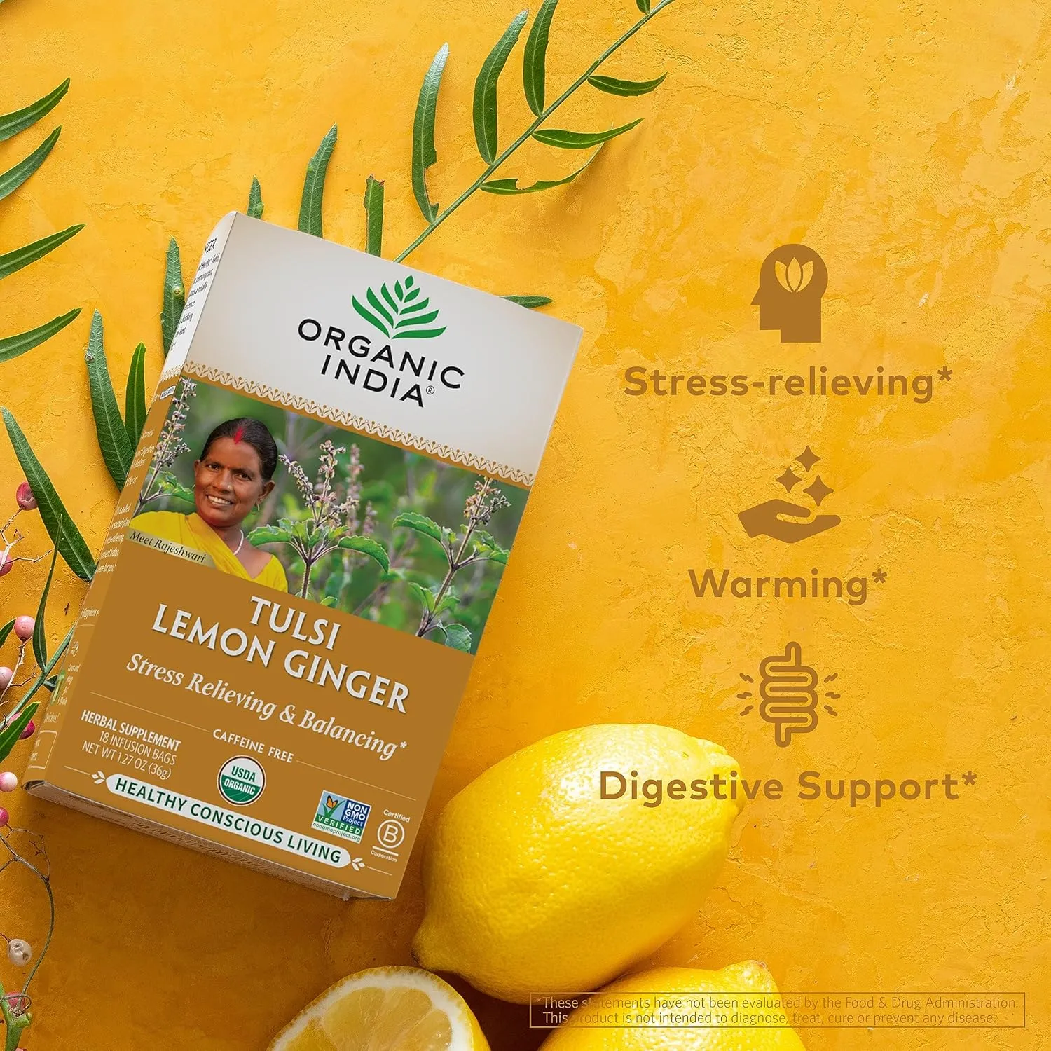 Organic India Tulsi Lemon Ginger Herbal Tea - Stress Relieving & Reviving, Immune Support, Aids Digestion, Vegan, USDA Certified Organic, Non-GMO, Caffeine-Free - 18 Infusion Bags, 3 Pack