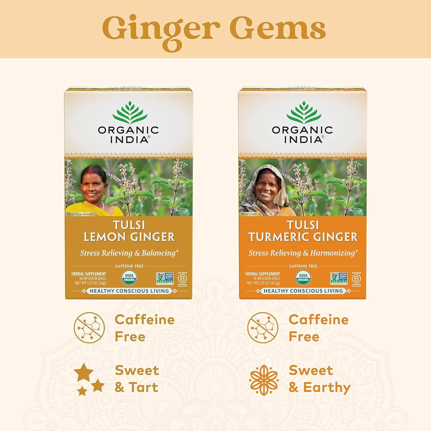 Organic India Tulsi Lemon Ginger Herbal Tea - Stress Relieving & Reviving, Immune Support, Aids Digestion, Vegan, USDA Certified Organic, Non-GMO, Caffeine-Free - 18 Infusion Bags, 3 Pack
